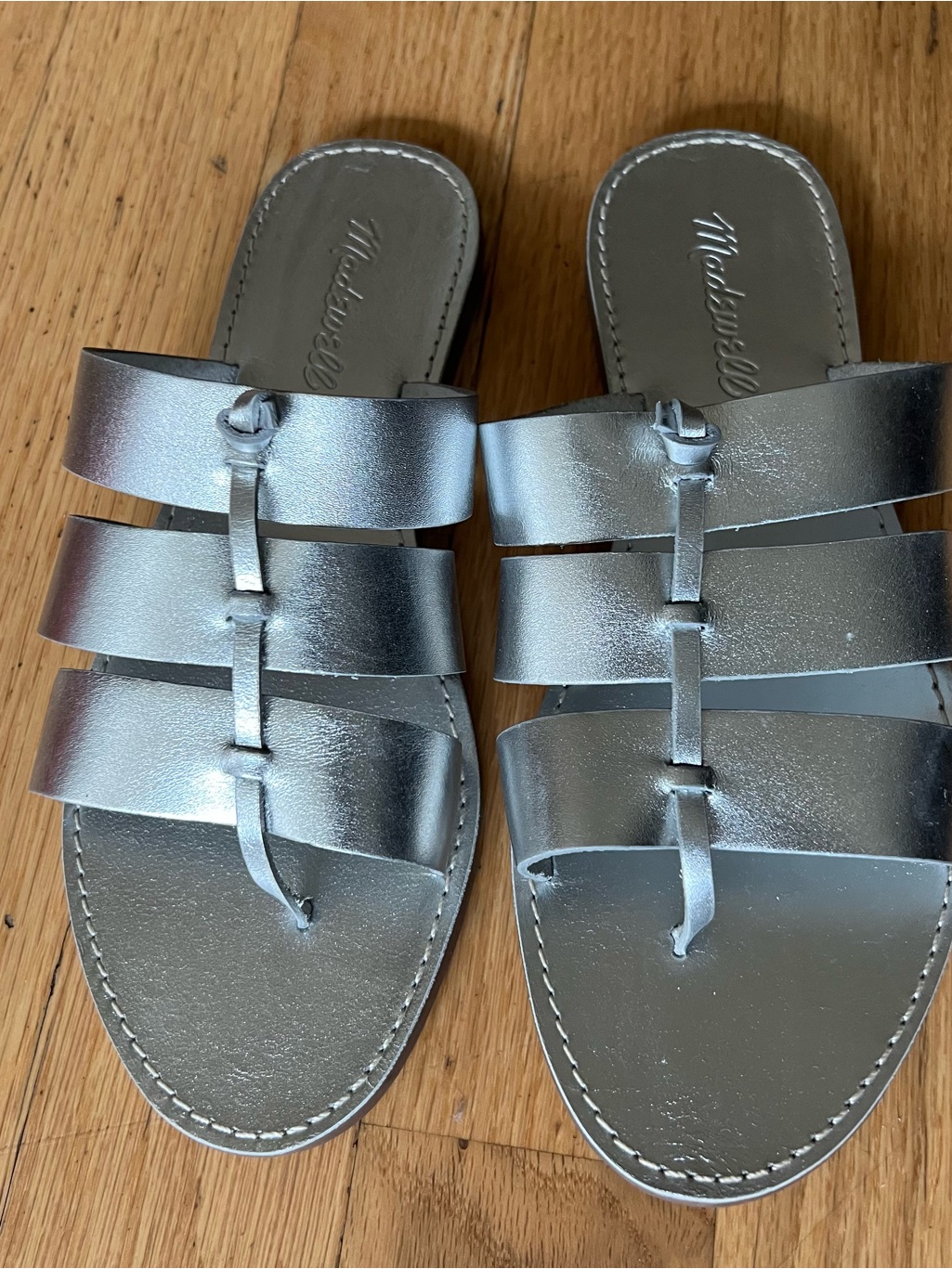 Madewell Metallic Silver TripleStrap Slide Sandals In Leather